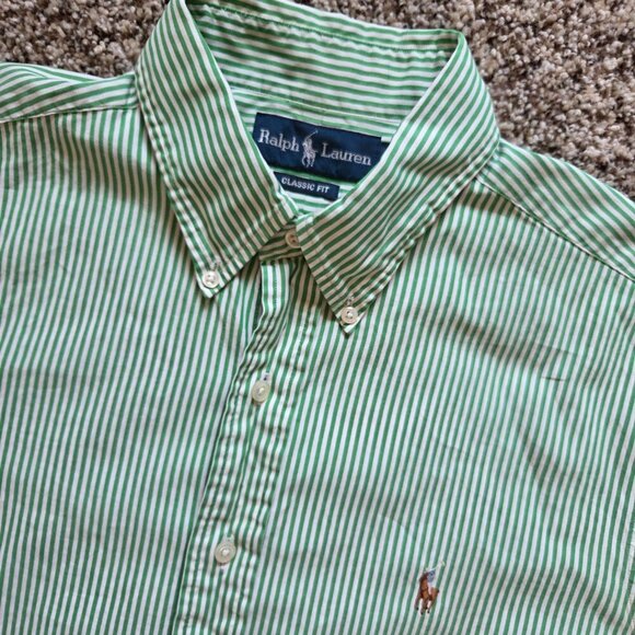 Ralph Lauren Classic Fit Button Down Shirt Mens 16 34/35 Green Stripe Flesh Pony - Picture 1 of 9